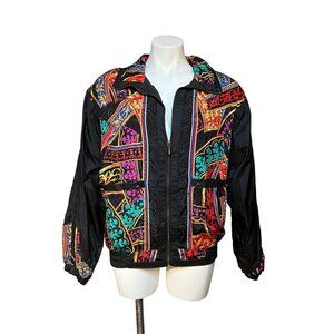 Vintage 90s Track Jacket Baroque Multicolor Damask Maximalist Medium Black